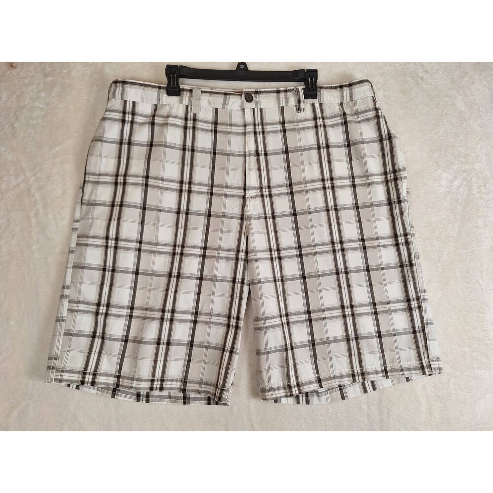 Perry Ellis Flat Front Plaid Shorts White Men's 40 Cotton Preppy 90's Summer